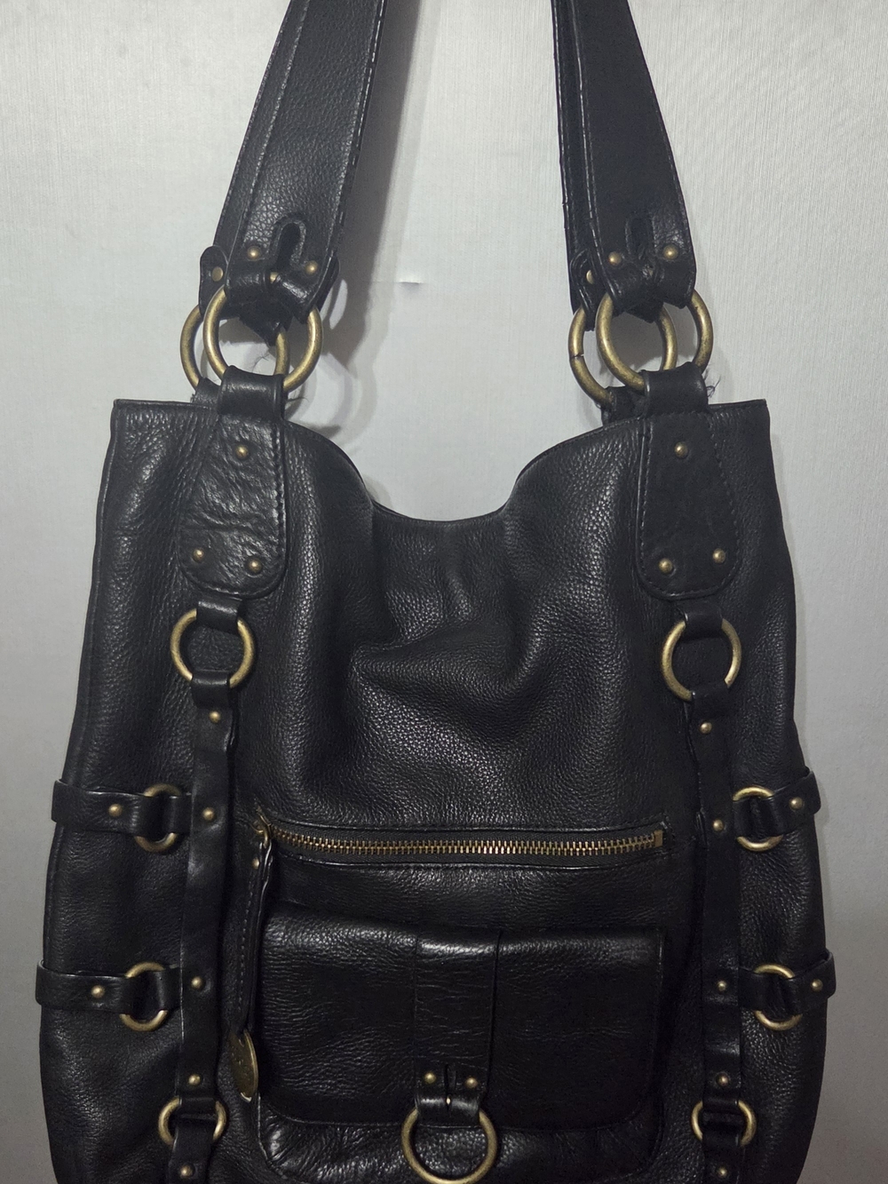 A.N.A. Womenβs Black Leather Shoulder Bag W/Brass Rings. Roomy For Bike Rides